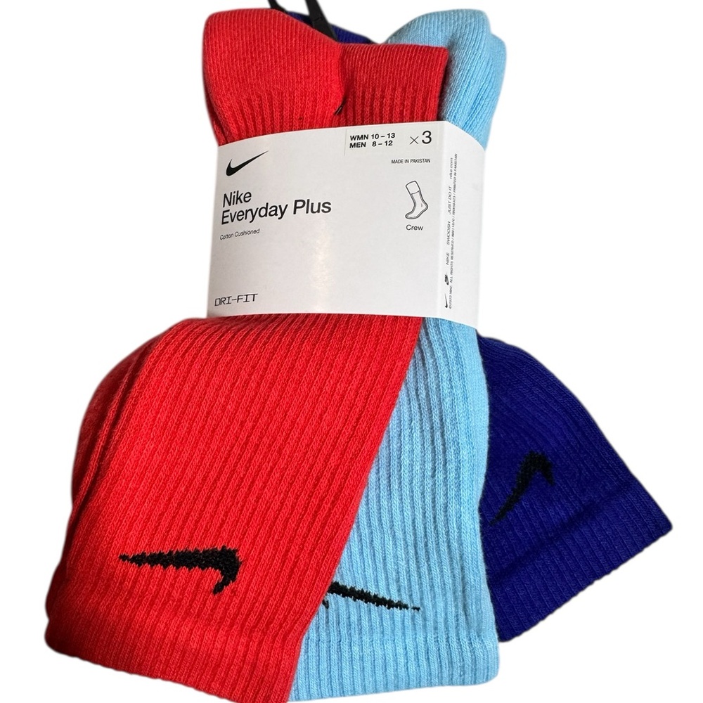 Nike Everyday Plus Cushioned Sporty Crew Socks Red Blue Light Blue Large 3 Pack
